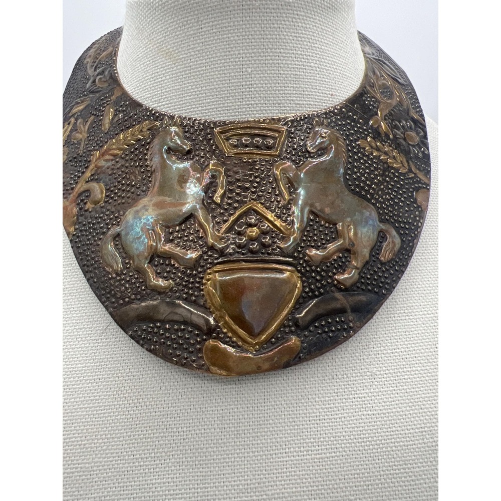 Vintage Brass Heraldic Gorget Collar Necklace Torque Repoussé Horses Shield - Picture 10 of 14